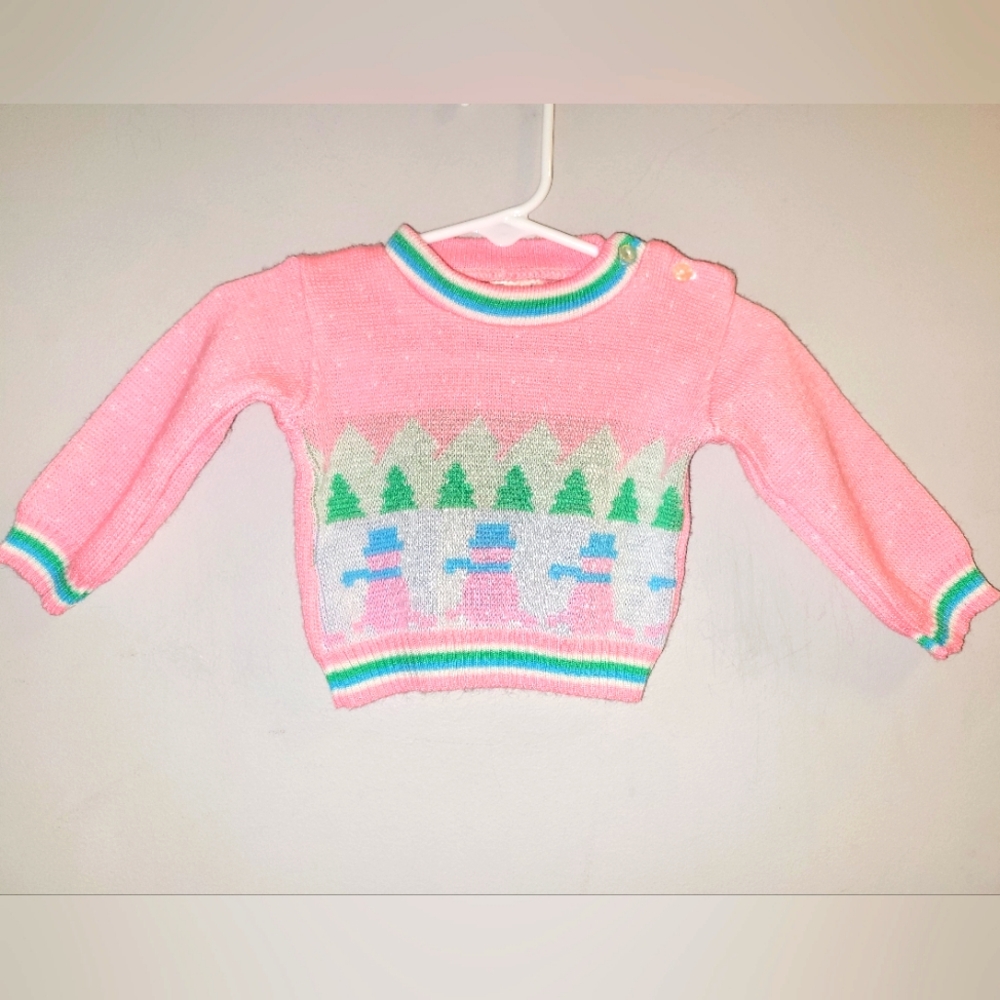 ❄️ Vintage Baby Togs Pastel Pink Acrylic Snowman Sweater Made in Japan 3-6 Month